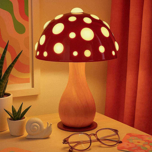 Lampe Champignon Shiitake, LED Dimmable Bois & Rouge