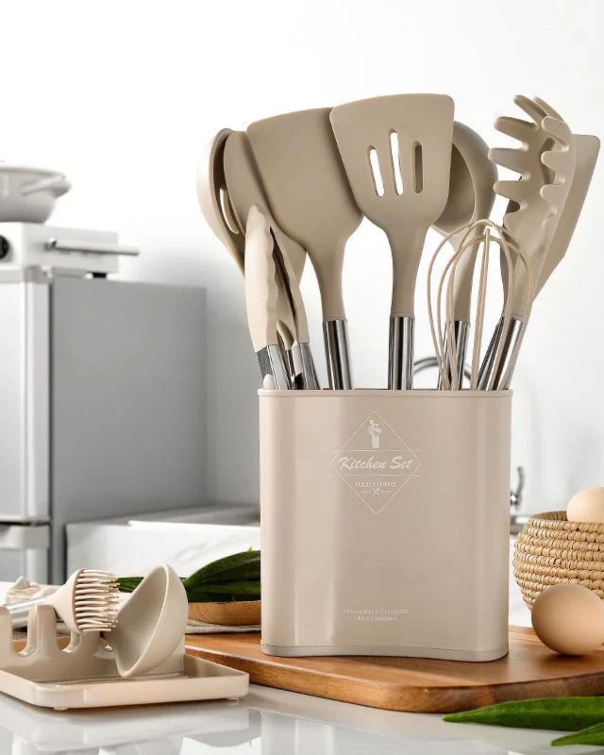 Ensemble d'Ustensiles de Cuisine en Silicone – Style Nordique 13 Pièces Beige