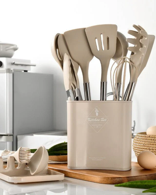 Ensemble d'Ustensiles de Cuisine en Silicone – Style Nordique 13 Pièces Beige