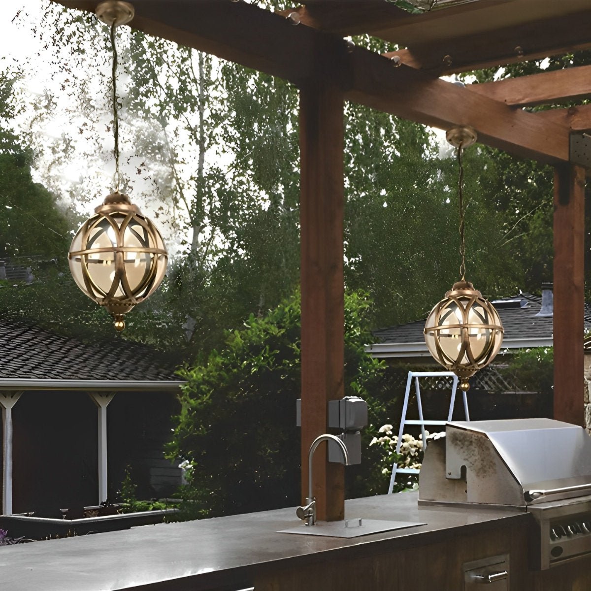 Lustre Extérieur Boule en Aluminium et Verre – Chaîne Réglable